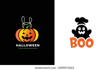 Halloween logo halloween icono feliz fiesta saludo logotipo diseño de cartón símbolo único muestra moderna Halloween divertida cara linda