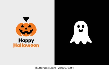 Halloween logo halloween icono feliz fiesta saludo logotipo diseño de cartón símbolo único muestra moderna Halloween divertida cara linda