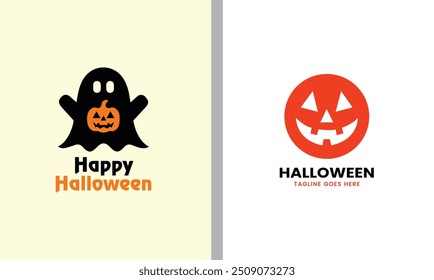 Halloween logo halloween icono feliz fiesta saludo logotipo diseño de cartón símbolo único muestra moderna Halloween divertida cara linda