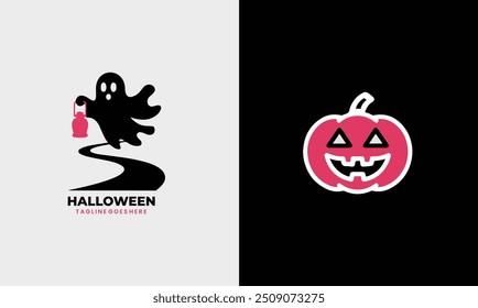 Halloween logo halloween icono feliz fiesta saludo logotipo diseño de cartón símbolo único muestra moderna Halloween divertida cara linda