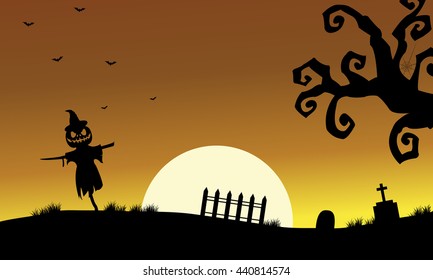 Halloweenn scarecrow silhouette in the tomb scenery