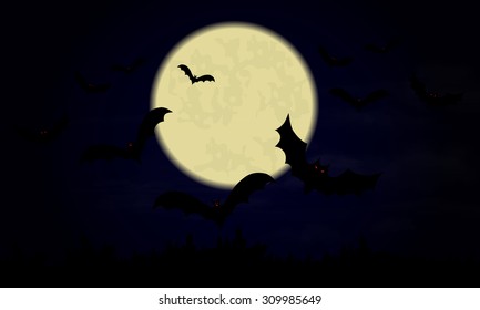 Halloween.Night sky with moon and bats. Vector illustration