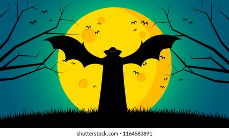 Halloween's day background - Dracula Spread wings who stand on ground front the moon abstract background