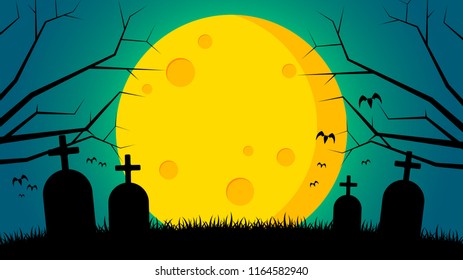 Halloween's day background -Tomb stone on ground front the moon abstract background