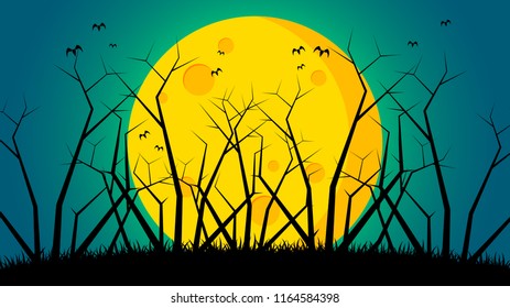 Halloween's day background - Trees on ground front the moon abstract background
