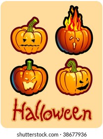 halloween's drawing - four pumpkin heads of Jack-O-Lantern ; one is on fire