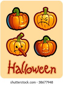 halloween's drawing - four pumpkin heads of Jack-O-Lantern ; one has a carroted-nose