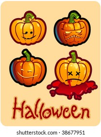 halloween's drawing - four pumpkin heads of Jack-O-Lantern ; one is bleeding