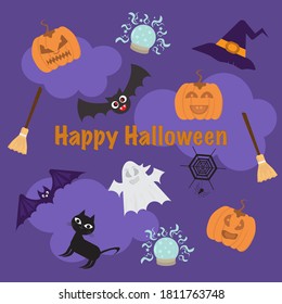 Halloweens fun set. Pumpkins, ghosts, black cat, brooms, bats, spiders. In the middle is the inscription Happy Halloween.Vector illustration for postcards, prints.



