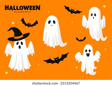 Halloweens fantasma assustador, artes de desenho à mão, personagem de espírito voador, estilo de desenho animado, truque ou deleite, elementos de Halloween, morcegos, chapéu. Fantasia de festa assustadora. Ilustração vetorial.