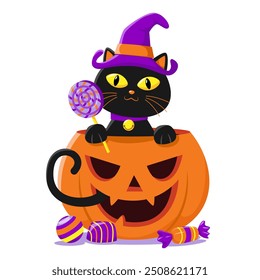 Halloween's iconic character. A black cat wearing a purple hat sits inside an orange pumpkin filled with candy.