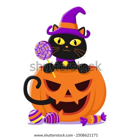 Halloween's iconic character. A black cat wearing a purple hat sits inside an orange pumpkin filled with candy.