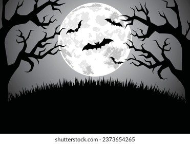 Halloweens midnight background  with bats who fly above a hill on full moon and old scary trees