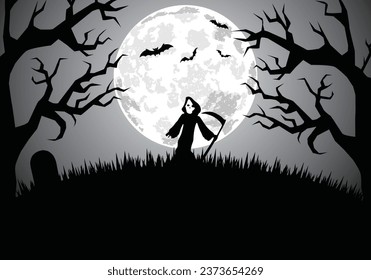 Halloweens midnight background  with Grim Reaper on a hill on full moon and old scary trees