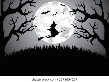 Halloweens midnight background  with a witch above a hill on full moon and old scary trees