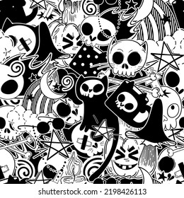 Halloweens monsters and accessories  Seamless pattern and stickers patchwork  Skull  Jolly Roger  skeleton  mushrooms  rainbow  moon  magic  stars   many witchcraft cats 