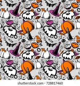 A Halloween's pattern with a hand drawn ghosts, sweets, witches hats, pumpkins, wine glasses of a cocktail, bats, lollipops, monsters, ice cream, autumn leaves, cobweb and lettering