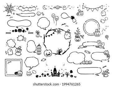 Halloween's speech Balloon collection. Black and white, line drawing, pen, ink (No text)