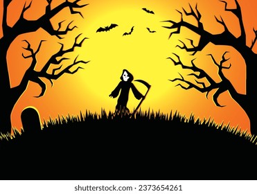 Halloweens sunset background  with Grim Reaper on a hill and old scary trees