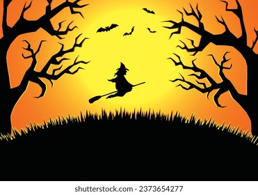 Halloweens sunset background  with a witch above a hill and old scary trees
