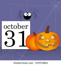 halloween's time, calendar page with pumpkin, jack-o-lantern and a cute spider hanging on its web