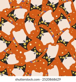 Halloweens vector seamless pattern with boo cat