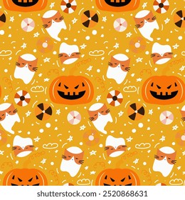 Halloweens vector seamless pattern with boo cat