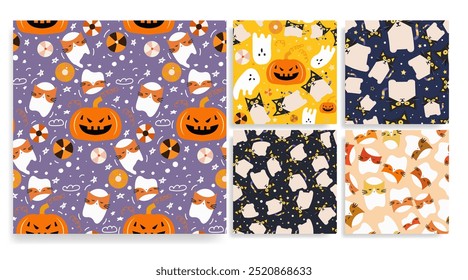 Halloweens vector seamless pattern set