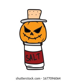 Halloween.Salt container in the shape of a pumpkin.Vector children's illustration on a white isolated background.