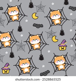 Halloween.Seamless pattern of cute shiba inu dog stuck on spider web night background.Japanese pet animal chaarcter cartoon design.Moon,star,pumpkin,witch,bat hand drawn.Kawaii.Vector.Illustration.