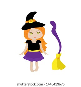 
 Halloween.Small witch. Children's vector illustration. Girl with green eyes