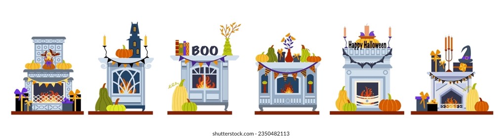 Interior estilo Halloween. Colección de acogedoras chimeneas decoradas para las vacaciones de otoño de Halloween. Ilustración vectorial en un estilo de caricatura plano.