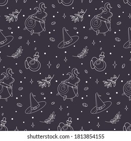 Halloweent festive seamless pattern. Vector. Witches stuff.