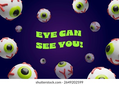 Halloween-themed 3D illustration featuring floating cartoon eyeballs with visible red veins on a dark purple background. For seasonal designs, party invitations, awareness campaigns