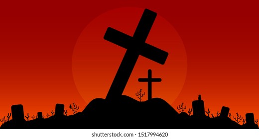 Halloween-themed background designs or banners, cross icons, haunted residences, cemeteries, spooky atmosphere - vector
