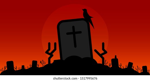 Halloween-themed background designs or banners, cross icons, haunted residences, cemeteries, spooky atmosphere - vector