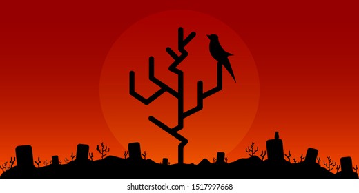 Halloween-themed background designs or banners, icons of dry trees, haunted residences, cemeteries, spooky atmosphere - vector