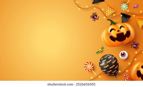 Plano de fundo com tema de Halloween com jack-o'-lanterna, doces e decorações assustadoras em um fundo laranja, apresentando elementos festivos, ilustração vetorial.

