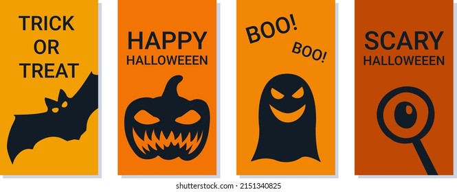 Halloween-themed banners with simple silhouettes and social media labels. Orange colors. Vector illustration