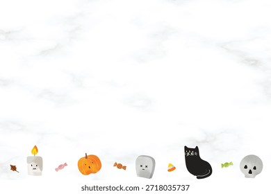 Borda com tema de Halloween com abóboras, doces e ícones assustadores. Abóboras e doces de Halloween criam uma atmosfera festiva de Halloween. Ilustração do vetor de plano de fundo de Halloween.