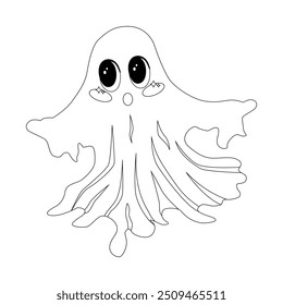 Una página para colorear con temática de Halloween que presenta un lindo fantasma con ojos grandes. Perfecto para actividades infantiles, manualidades de Halloween y decoración, ofreciendo un excelente atractivo comercial para productos de Halloween.