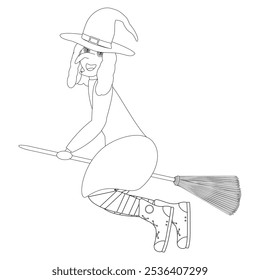 A Halloween-themed coloring page featuring a smiling witch flying on a broomstick. Perfect for kids and adults to color and enjoy.