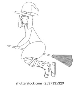 A Halloween-themed coloring page featuring a smiling witch flying on a broomstick. Ideal for kids and adults to color and enjoy.