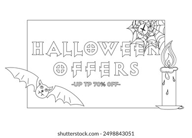 A Halloween-themed coloring page featuring a spooky sale banner with a bat, spider web, and candle. Perfect for kids to enjoy the festive season.