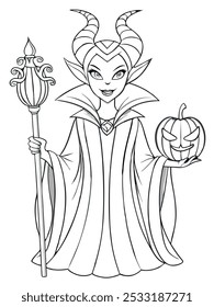 Halloween-themed coloring page with a magical witch figure, ideal for kids' activities