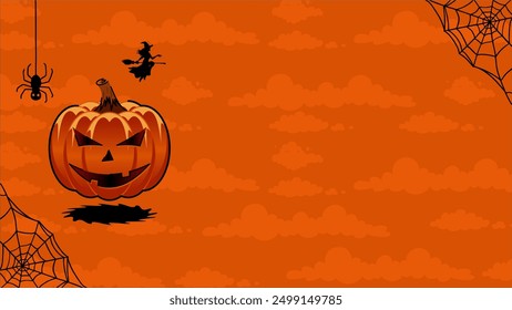 Halloweenthemed composition featuring spider, pumpkin, witch, and cobweb on an orange background with clouds. Ideal for festive designs.