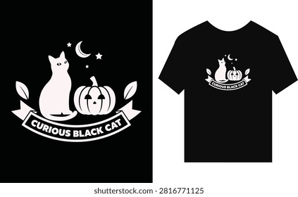HalloweenThemed Curious Black Cat Graphic Design On TShirt