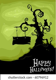 Halloween-themed Design Featuring a Dead Tree with a Black Cat Sitting on One of its Branches and a Sign Board on Another - Vector