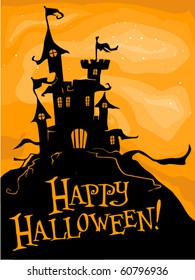 Halloween-themed Design Featuring a Haunted Castle on Top of a Hill - Vector