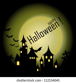 Halloween-themed Design: Halloween background with haunted house, bats and full moon, vector illustration.